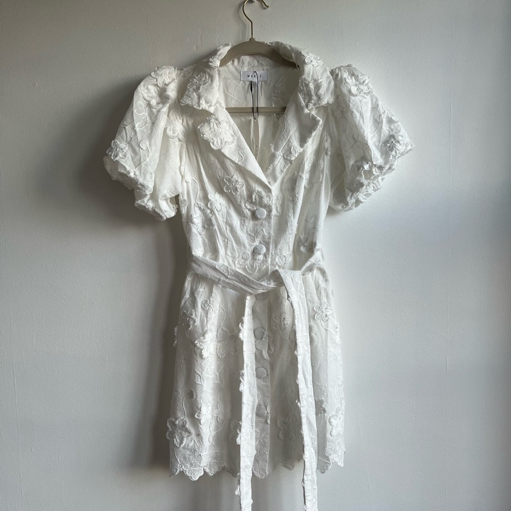 Anthropologie Mable White Floral Appliqué Dress with Puff Sleeves